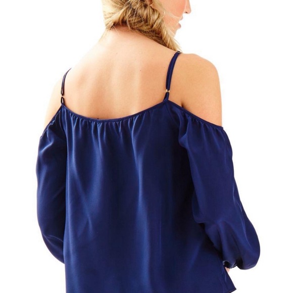Lilly Pulitzer Candice Cold Shoulder Top 100% Silk True Navy, Sz Medium - Picture 3 of 9